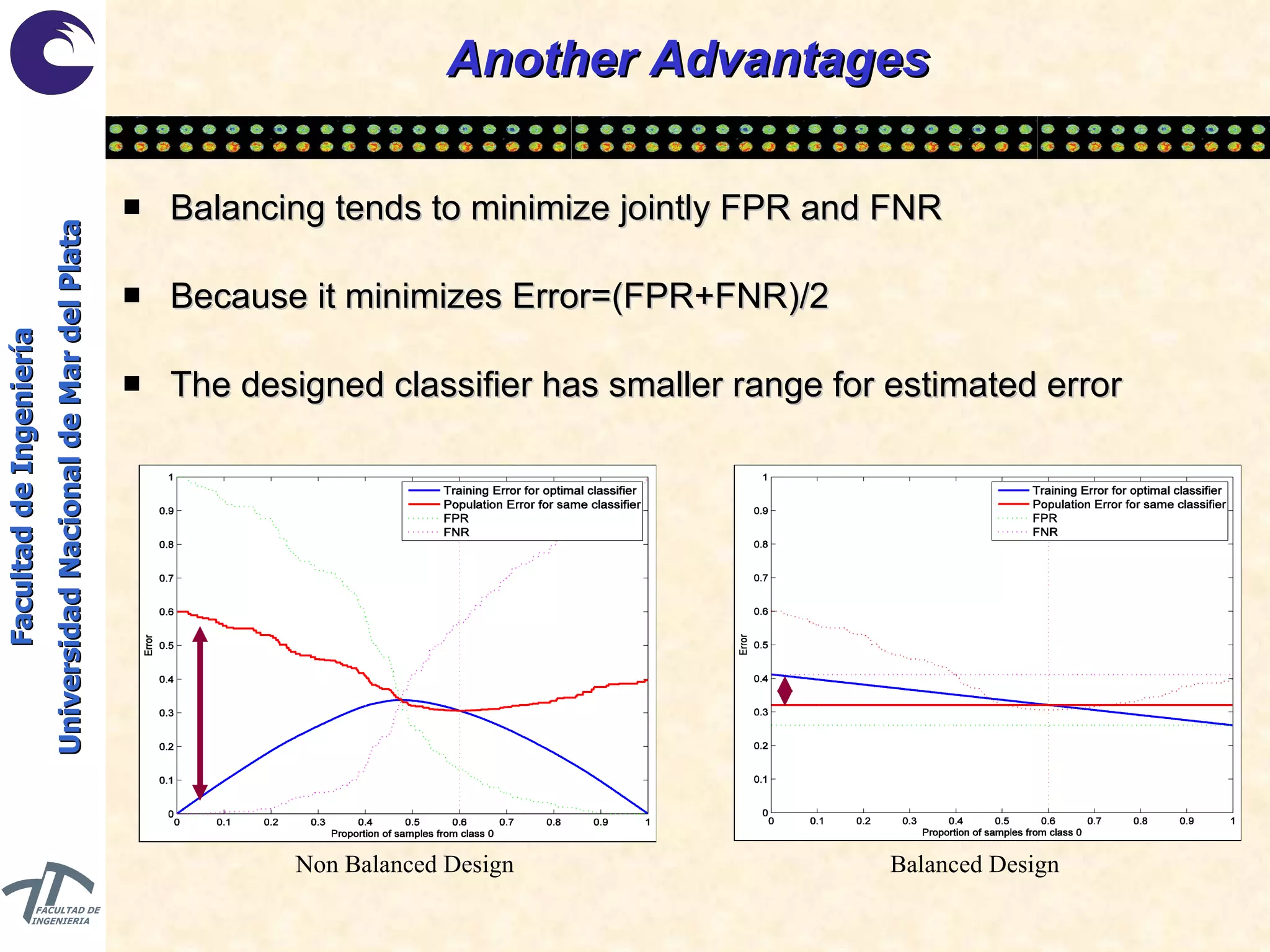 Another Advantages Balancing tends to minimize jointly FPR and FNR Because it minimizes Error=(FPR+FNR)/2 The designed classifier has smaller range for estimated error  Non Balanced Design Balanced Design 