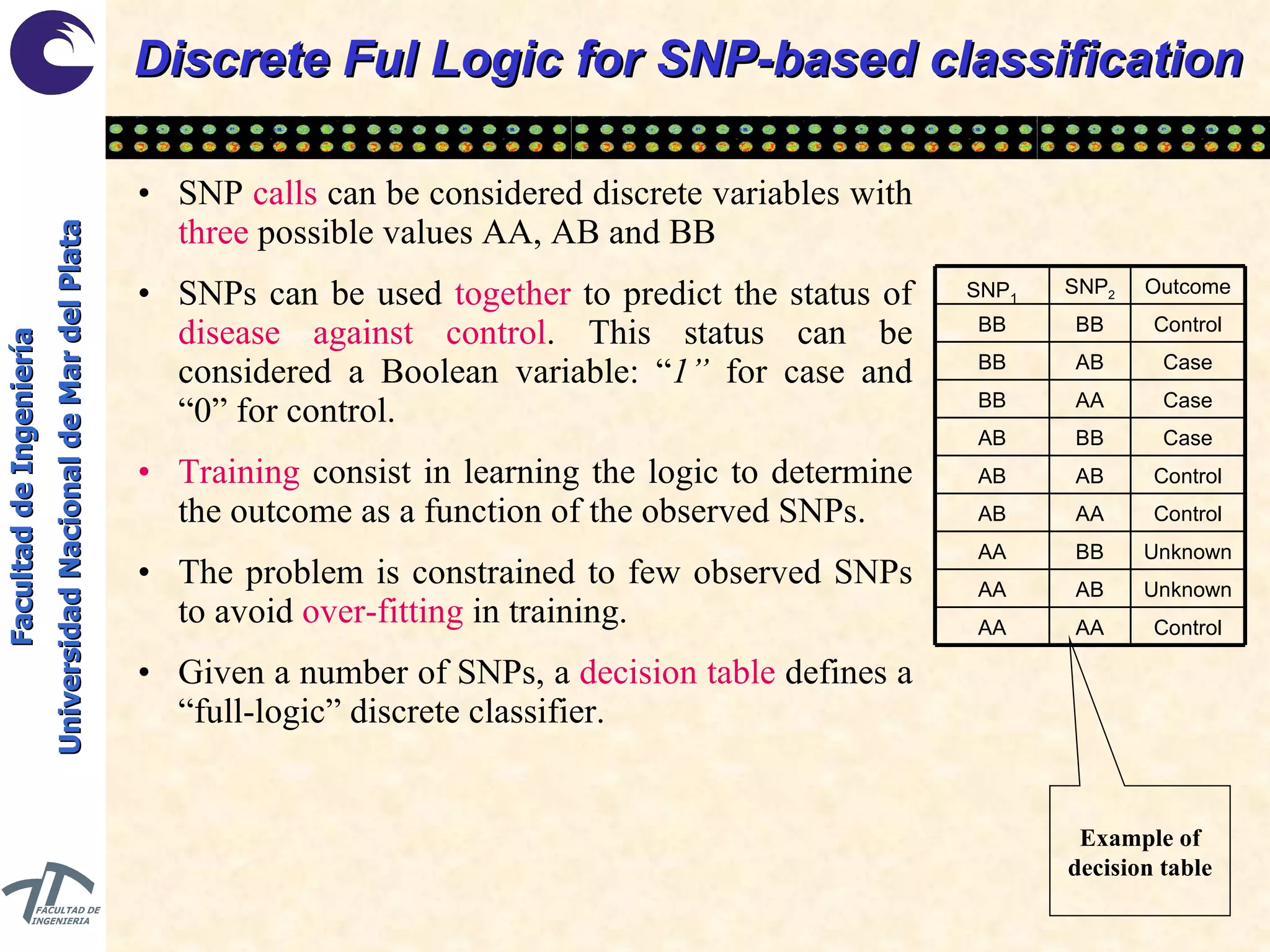 Discrete Ful Logic for SNP-based classification SNP  calls  can be considered discrete variables with  three  possible values AA, AB and BB SNPs can be used  together  to predict the status of  disease against control . This status can be considered a Boolean variable: “ 1”  for case and “0” for control. Training  consist in learning the logic to determine the outcome as a function of the observed SNPs. The problem is constrained to few observed SNPs to avoid  over-fitting  in training. Given a number of SNPs, a  decision table  defines a “full-logic” discrete classifier. Example of decision table Control Unknown Unknown Control Control Case Case Case Control Outcome AB AA BB AA AA AB BB AB AB AB AA BB BB BB AB BB AA AA SNP 2 SNP 1 
