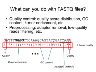 What can you do with FASTQ files?
• Quality control: quality score distribution, GC
content, k-mer enrichment, etc.
• Preprocessing: adapter removal, low-quality
reads filtering, etc.
GATTTGGGGTTCAAAGCAGTATCGATCAAA
!''*((((***+))%%%++)(%%%%).1** Mean quality
GC contentK-mer enrichment
Adapter? (miRNA)
Quality Quality
…
 