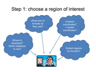 Step 1: choose a region of interest
Where to
download?
Which database
to use?
What kind of
formats do
they use?
0-based
coordinates?
1-based
coordinates?
Subset regions
by function?
 