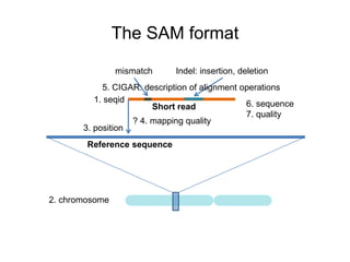 The SAM format 
mismatch Indel: insertion, deletion 
5. CIGAR: description of alignment operations 
1. seqid 
3. position 
2. chromosome 
Short read 
? 4. mapping quality 
Reference sequence 
6. sequence 
7. quality 
 