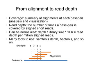 From alignment to read depth 
• Coverage: summary of alignments at each basepair 
(analysis and visualization) 
• Read depth: the number of times a base-pair is 
covered by aligned short reads. 
• Can be normalized: depth / library size * 1E6 = read 
depth per million aligned reads. 
• Many tools to use: samtools depth, bedtools, and so 
on. 
1 2 3 4 
Reference: 
Alignments 
Example: 
 
