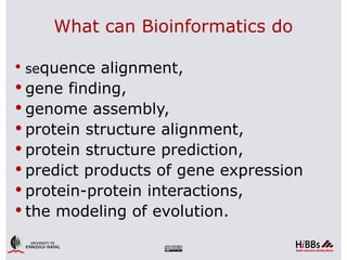 What can Bioinformatics do

 sequence  alignment,
 gene finding,
 genome assembly,
 protein structure alignment,
 protein structure prediction,
 predict products of gene expression
 protein-protein interactions,
 the modeling of evolution.
 