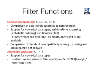 Filter Functions
Comparison	operators:	<,	=,	>,	<=,	>=,	!=		
• Comparison	of	data	literals	according	to	natural	order		
• Support	for	numerical	data	types,	xsd:dateTime,	xsd:string	
(alphabeFc	ordering),	xsd:Boolean	(1>0)		
• For	other	types	and	other	RDF-elements,	only	=	and	!=	are	
available	
• Comparison	of	literals	of	incompaFble	types	(e.g.	xsd:string	and	
xsd:integer)	is	not	allowed		
ArithmaFc	operators:	+,	-,	*,	/		
• Support	for	numerical	data	types		
• Used	to	combine	values	in	ﬁlter	condiFons	Ex.:	FILTER(?weight/
(?size*?size)>=25)	
 