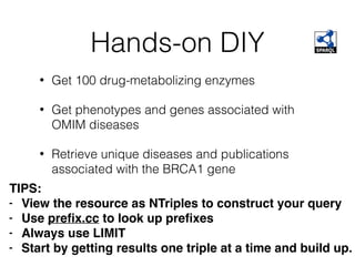 Hands-on DIY
• Get 100 drug-metabolizing enzymes
• Get phenotypes and genes associated with
OMIM diseases
• Retrieve unique diseases and publications
associated with the BRCA1 gene
TIPS:
- View the resource as NTriples to construct your query
- Use preﬁx.cc to look up preﬁxes
- Always use LIMIT
- Start by getting results one triple at a time and build up.
 