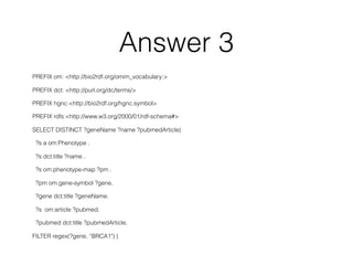 Answer 3
PREFIX om: <http://bio2rdf.org/omim_vocabulary:>
PREFIX dct: <http://purl.org/dc/terms/>
PREFIX hgnc:<http://bio2rdf.org/hgnc.symbol>
PREFIX rdfs:<http://www.w3.org/2000/01/rdf-schema#>
SELECT DISTINCT ?geneName ?name ?pubmedArticle{
?s a om:Phenotype .
?s dct:title ?name .
?s om:phenotype-map ?pm .
?pm om:gene-symbol ?gene.
?gene dct:title ?geneName.
?s om:article ?pubmed.
?pubmed dct:title ?pubmedArticle.
FILTER regex(?gene, “BRCA1") }
 