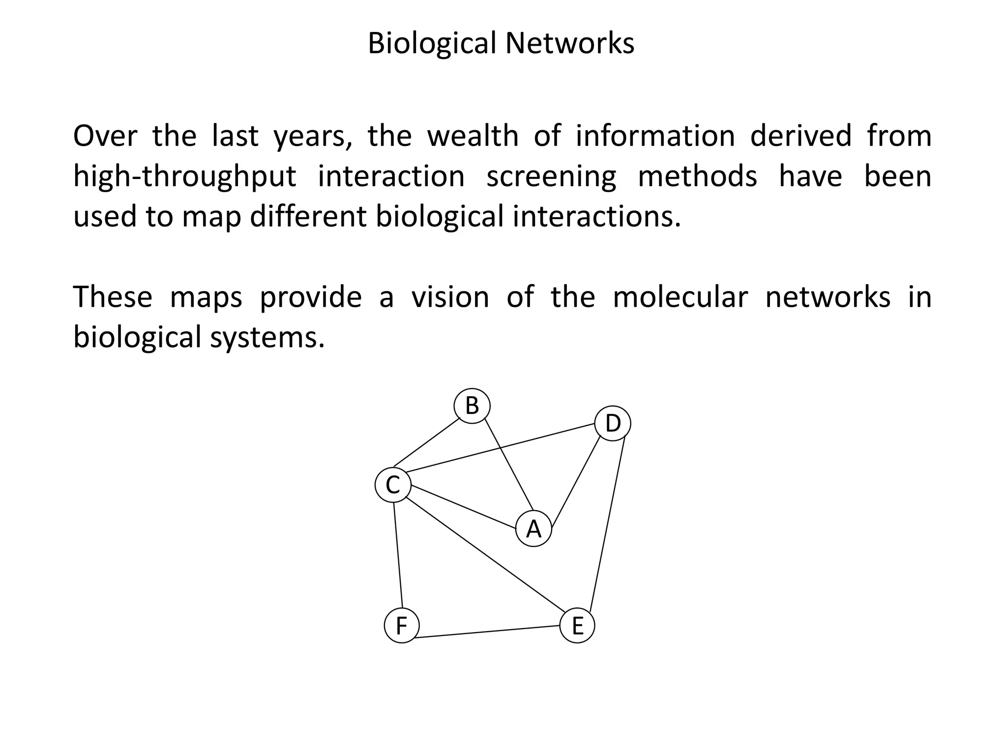 Biological Networks
Over the last years, the wealth of information derived from
high-throughput interaction screening methods have been
used to map different biological interactions.
These maps provide a vision of the molecular networks in
biological systems.
C
B
A
D
F E
 