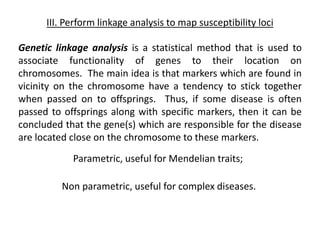 III. Perform linkage analysis to map susceptibility loci
Genetic linkage analysis is a statistical method that is used to
associate functionality of genes to their location on
chromosomes. The main idea is that markers which are found in
vicinity on the chromosome have a tendency to stick together
when passed on to offsprings. Thus, if some disease is often
passed to offsprings along with specific markers, then it can be
concluded that the gene(s) which are responsible for the disease
are located close on the chromosome to these markers.
Parametric, useful for Mendelian traits;
Non parametric, useful for complex diseases.
 
