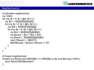 Neighborhood.pl # Calculate neighborhood my %NH; for (my $i = 0; $i < @A; $i++) { my $s1 = $S{$W[0]}{$A[$i]}; for (my $j = 0; $j < @A; $j++) { my $s2 = $S{$W[1]}{$A[$j]}; for (my $k = 0; $k < @A; $k++) { my $s3 = $S{$W[2]}{$A[$k]}; my $score = $s1 + $s2 + $s3; my $word = "$A[$i]$A[$j]$A[$k]"; next if $word =~ /[BZX\*]/; $NH{$word} = $score if $score >= $T; } } } # Output neighborhood foreach my $word (sort {$NH{$b} <=> $NH{$a} or $a cmp $b} keys %NH) { print "$word $NH{$word}\n"; } 