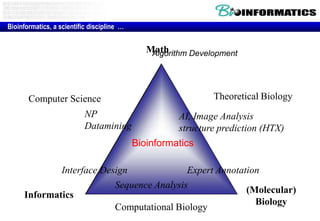 Math Algorithm DevelopmentTheoretical BiologyComputer ScienceAI, Image Analysisstructure prediction (HTX)NPDataminingInterface DesignExpert AnnotationSequence Analysis(Molecular)BiologyInformaticsComputational BiologyBioinformatics, a scientific discipline  …Bioinformatics