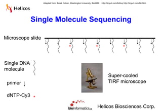 Single Molecule SequencingAdapted from: Barak Cohen, Washington University, Bio5488    http://tinyurl.com/6zttuq http://tinyurl.com/6k26nhMicroscope slide***Single DNA moleculeSuper-cooledTIRF microscopeprimerdNTP-Cy3*Helicos Biosciences Corp.