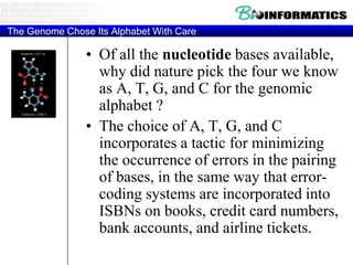The Genome Chose Its Alphabet With Care

                • Of all the nucleotide bases available,
                  why did nature pick the four we know
                  as A, T, G, and C for the genomic
                  alphabet ?
                • The choice of A, T, G, and C
                  incorporates a tactic for minimizing
                  the occurrence of errors in the pairing
                  of bases, in the same way that error-
                  coding systems are incorporated into
                  ISBNs on books, credit card numbers,
                  bank accounts, and airline tickets.
 