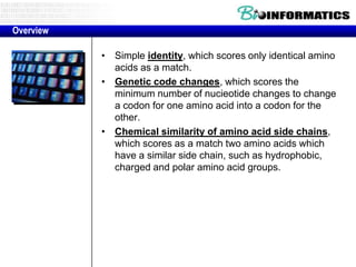 Overview

           • Simple identity, which scores only identical amino
             acids as a match.
           • Genetic code changes, which scores the
             minimum number of nucieotide changes to change
             a codon for one amino acid into a codon for the
             other.
           • Chemical similarity of amino acid side chains,
             which scores as a match two amino acids which
             have a similar side chain, such as hydrophobic,
             charged and polar amino acid groups.
 