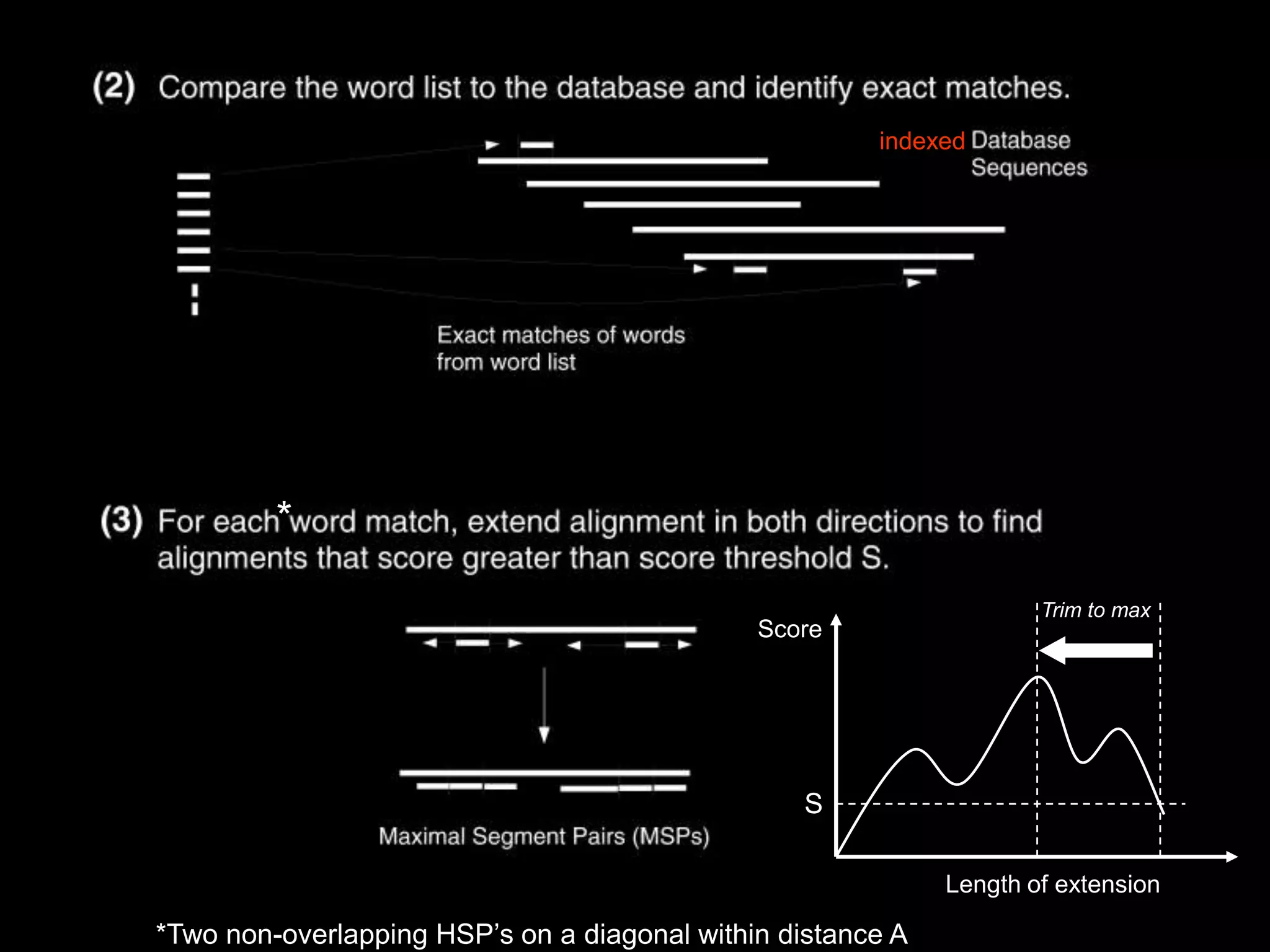 indexed * Trim to max Score S Length of extension *Two non-overlapping HSP’s on a diagonal within distance A 