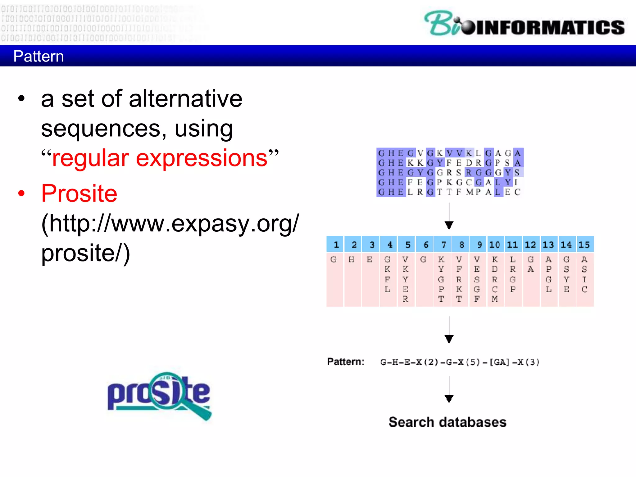 Pattern • a set of alternative sequences, using “regular expressions” • Prosite (http://www.expasy.org/ prosite/) 