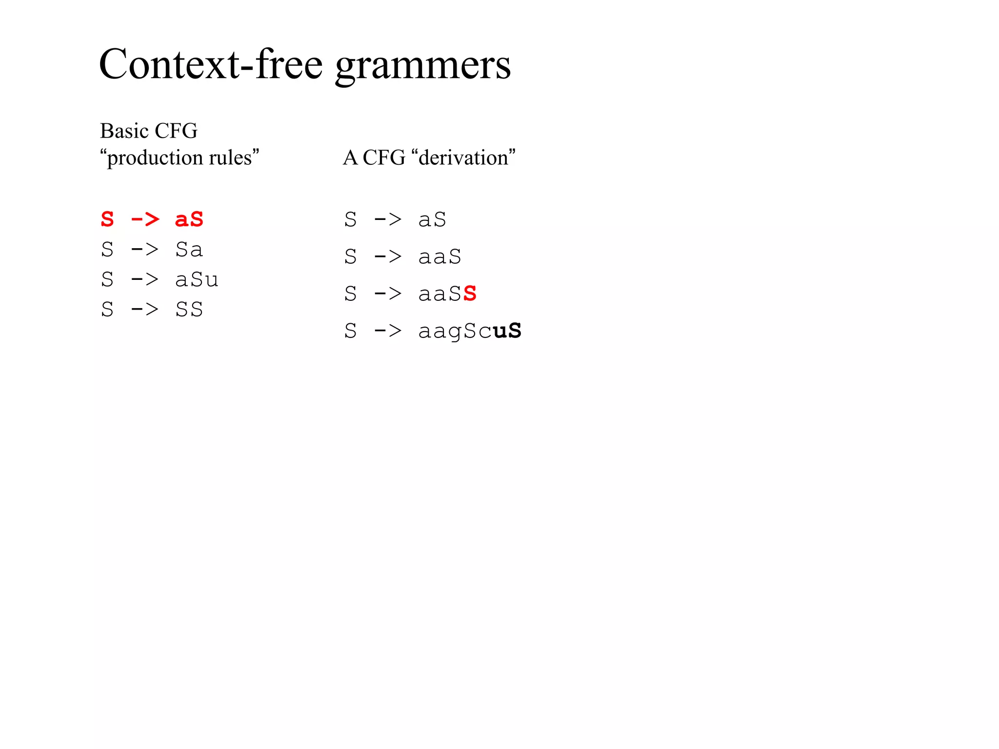 Context-free grammers
Basic CFG
“production rules”   A CFG “derivation”

S   ->   aS          S   ->   aS
S   ->   Sa          S   ->   aaS
S   ->   aSu
                     S   ->   aaSS
S   ->   SS
                     S   ->   aagScuS
 