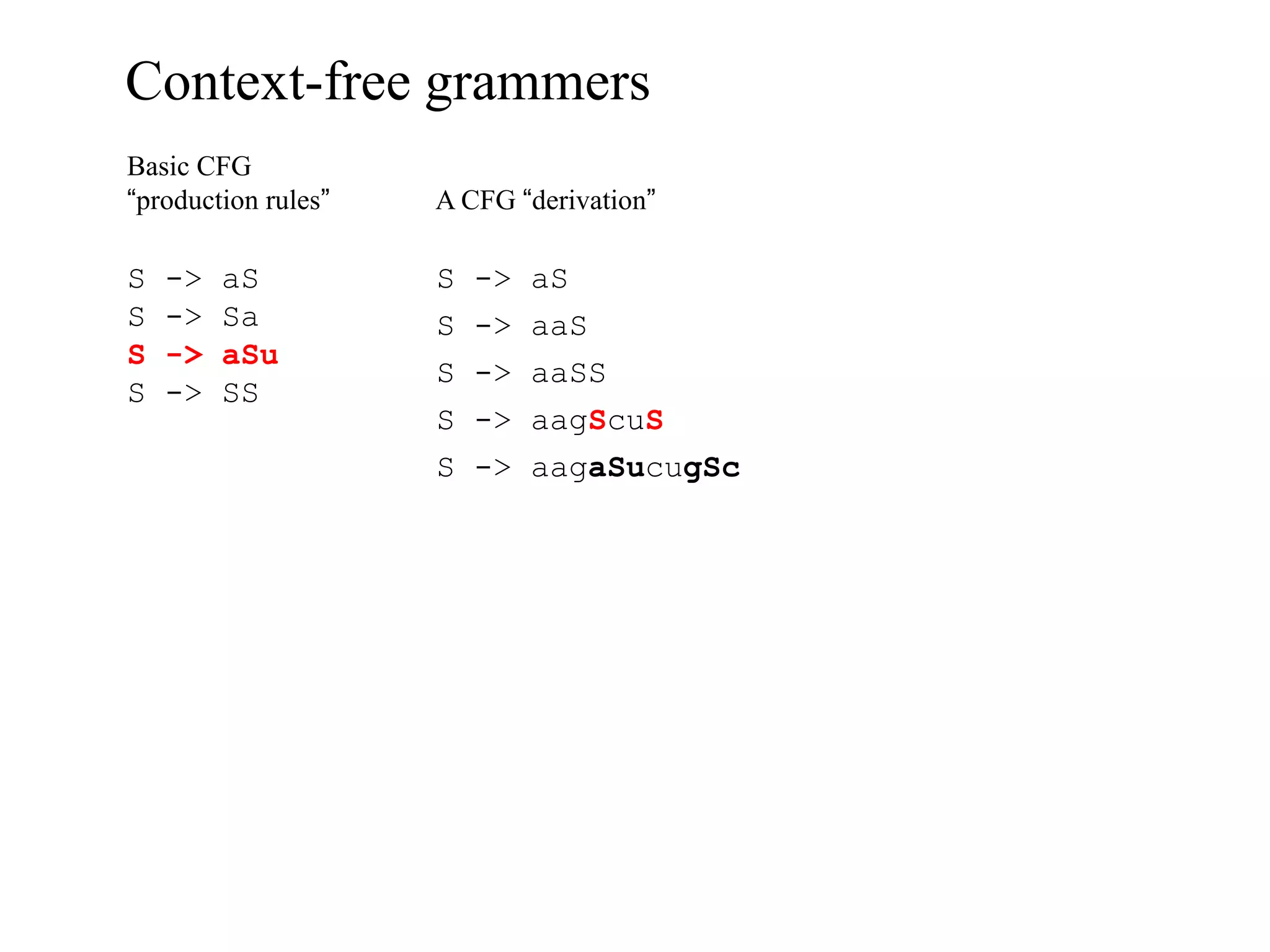 Context-free grammers
Basic CFG
“production rules”   A CFG “derivation”

S   ->   aS          S   ->   aS
S   ->   Sa          S   ->   aaS
S   ->   aSu
                     S   ->   aaSS
S   ->   SS
                     S   ->   aagScuS
                     S   ->   aagaSucugSc
 