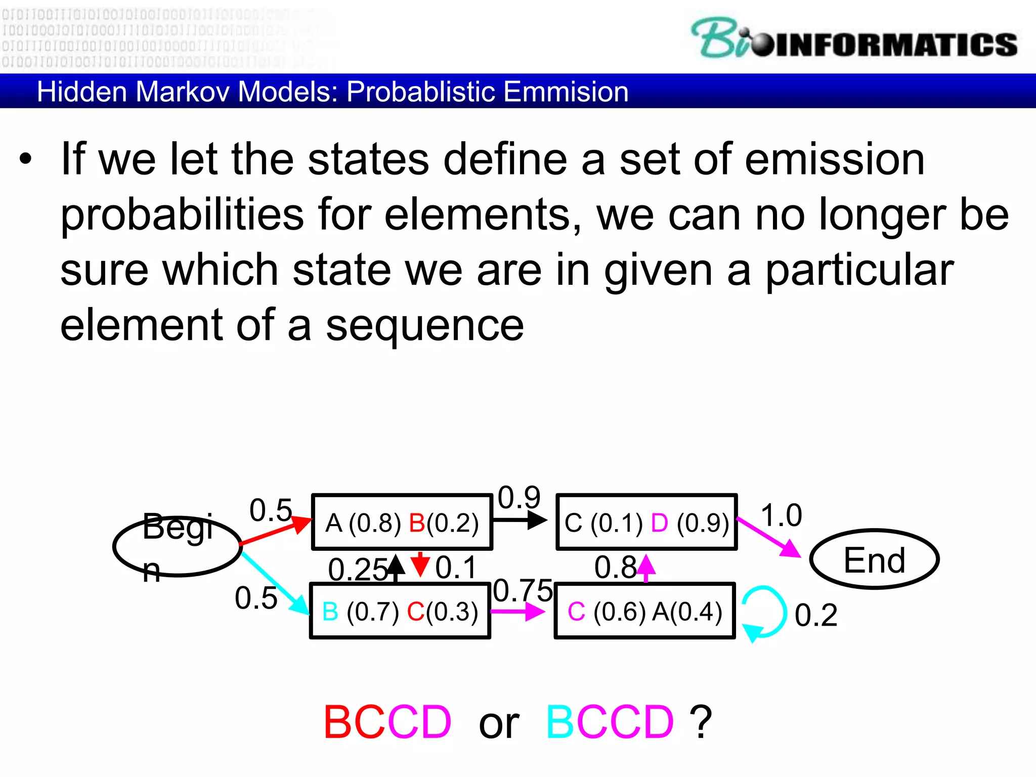 Hidden Markov Models: Probablistic Emmision

• If we let the states define a set of emission
  probabilities for elements, we can no longer be
  sure which state we are in given a particular
  element of a sequence


               0.5                    0.9
       Begi          A (0.8) B(0.2)          C (0.1) D (0.9)   1.0
       n             0.25      0.1             0.8                     End
              0.5                     0.75
                     B (0.7) C(0.3)          C (0.6) A(0.4)      0.2


                     BCCD or BCCD ?
 