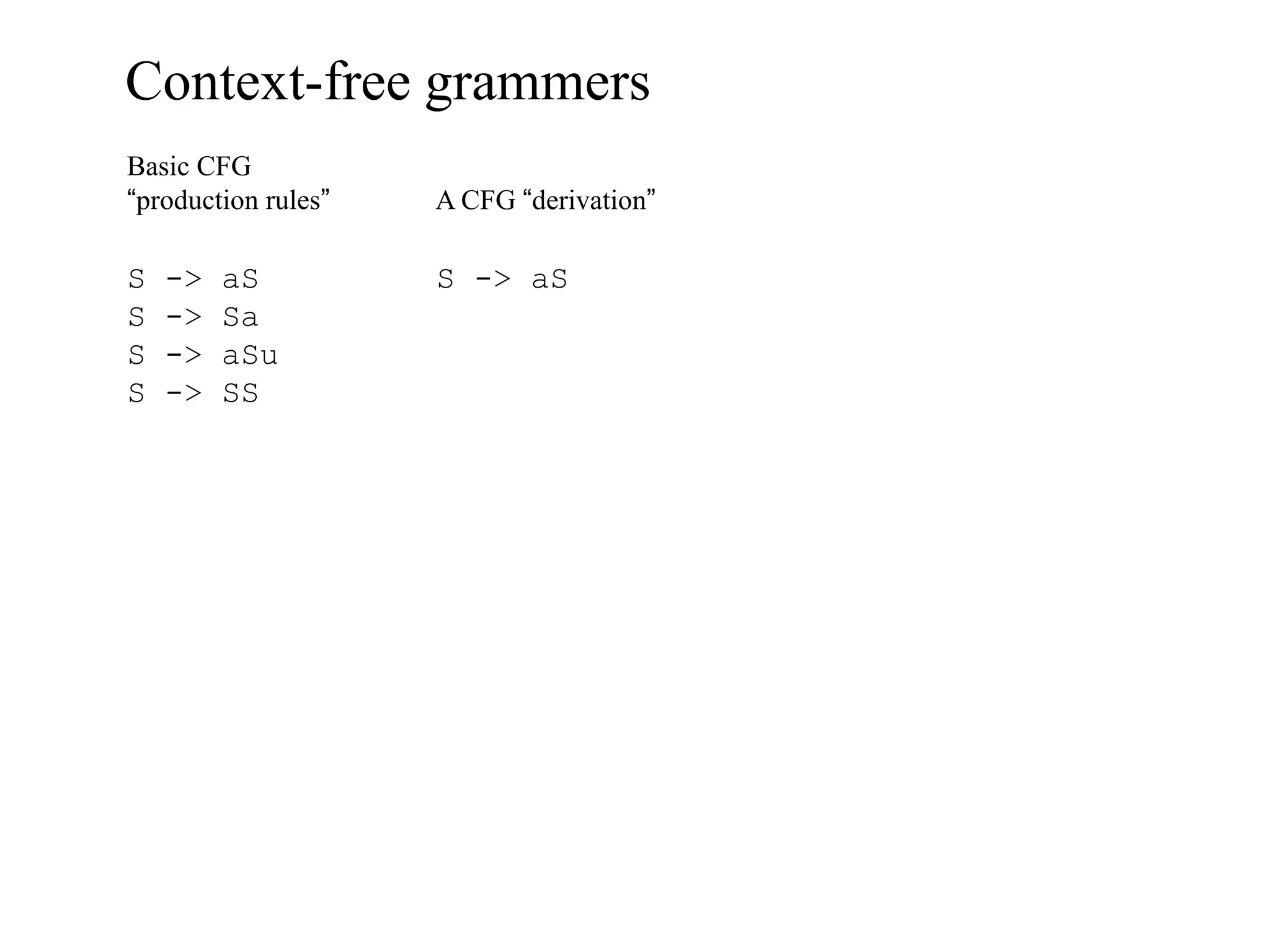 Context-free grammers
Basic CFG
“production rules”   A CFG “derivation”

S   ->   aS          S -> aS
S   ->   Sa
S   ->   aSu
S   ->   SS
 