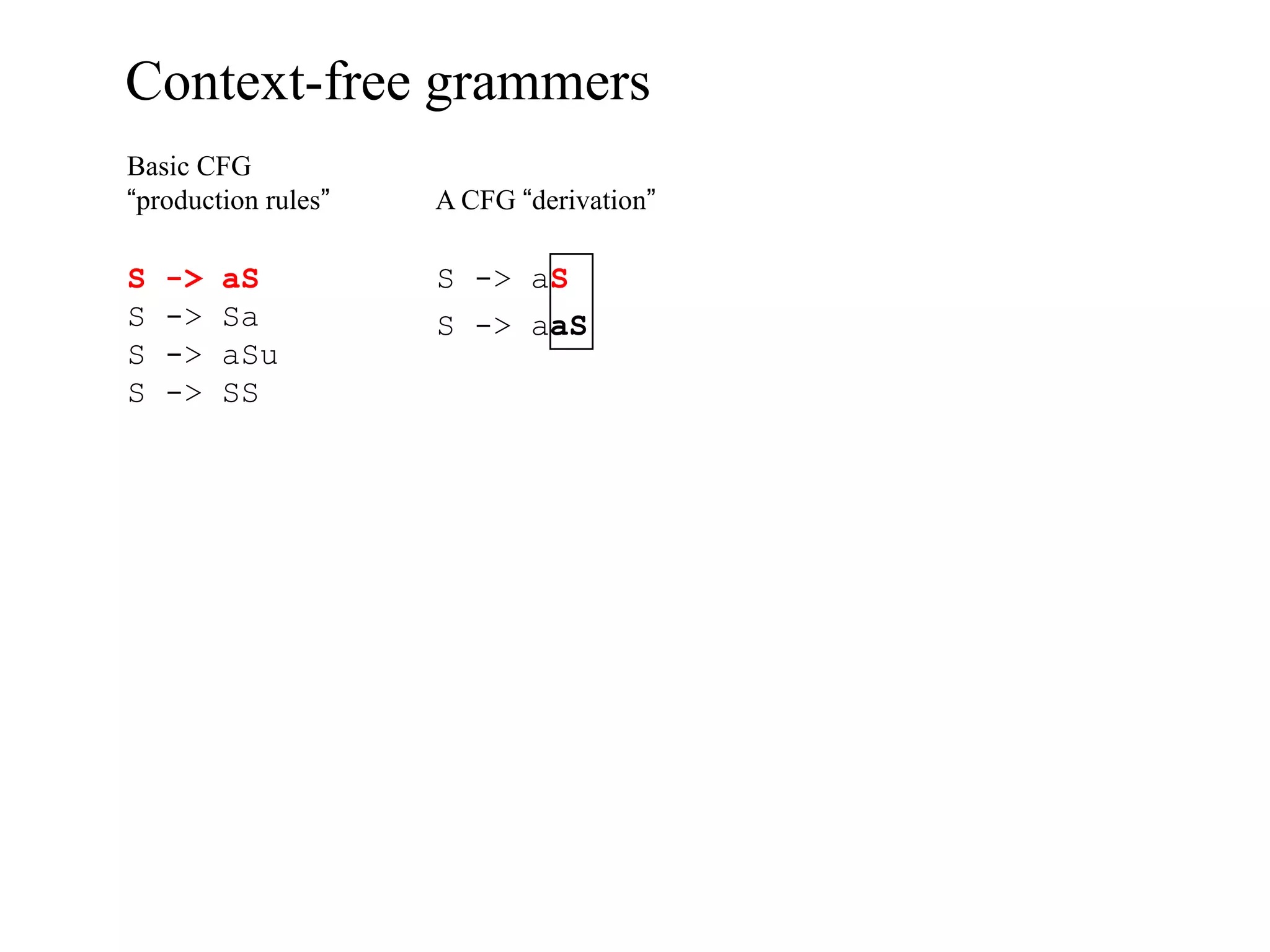 Context-free grammers
Basic CFG
“production rules”   A CFG “derivation”

S   ->   aS          S -> aS
S   ->   Sa          S -> aaS
S   ->   aSu
S   ->   SS
 