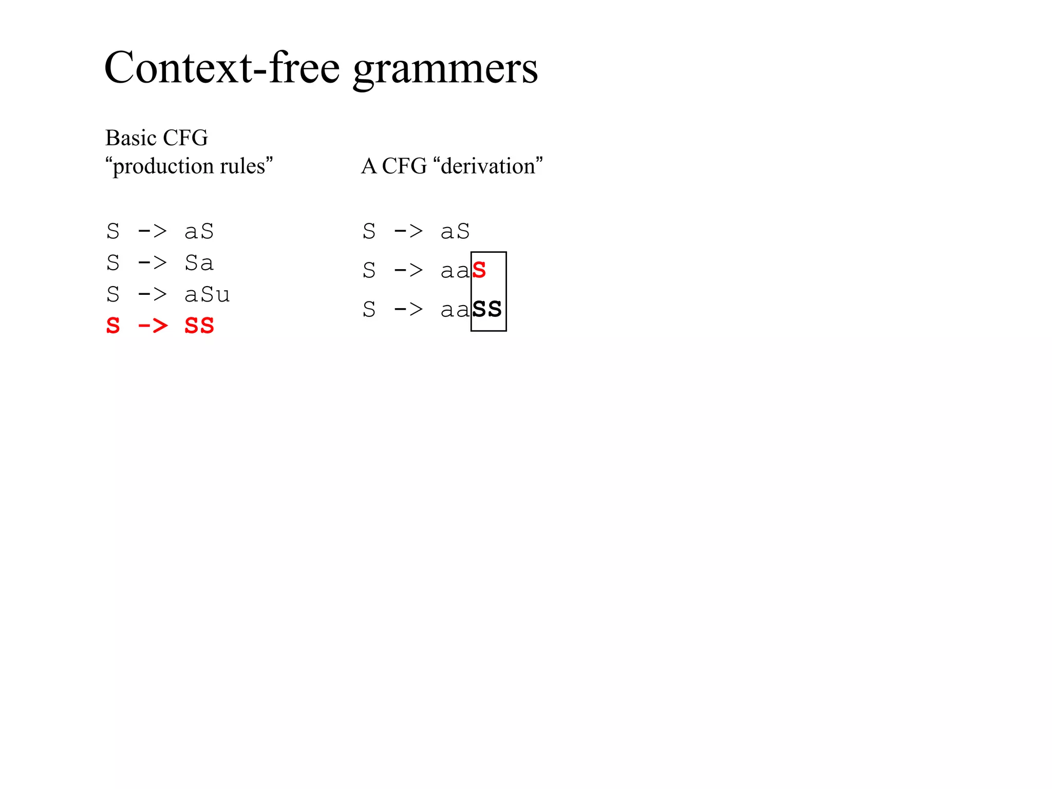 Context-free grammers
Basic CFG
“production rules”   A CFG “derivation”

S   ->   aS          S -> aS
S   ->   Sa          S -> aaS
S   ->   aSu
                     S -> aaSS
S   ->   SS
 