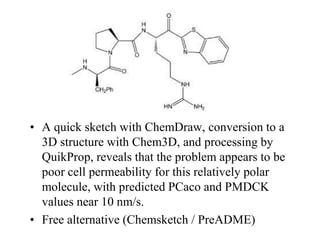 • A quick sketch with ChemDraw, conversion to a
  3D structure with Chem3D, and processing by
  QuikProp, reveals that the problem appears to be
  poor cell permeability for this relatively polar
  molecule, with predicted PCaco and PMDCK
  values near 10 nm/s.
• Free alternative (Chemsketch / PreADME)
 