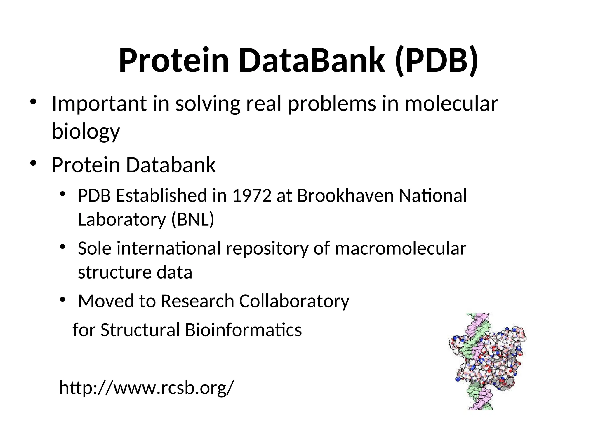 Protein DataBank (PDB)
• Important in solving real problems in molecular
biology
• Protein Databank
• PDB Established in 1972 at Brookhaven National
Laboratory (BNL)
• Sole international repository of macromolecular
structure data
• Moved to Research Collaboratory
for Structural Bioinformatics
http://www.rcsb.org/
 