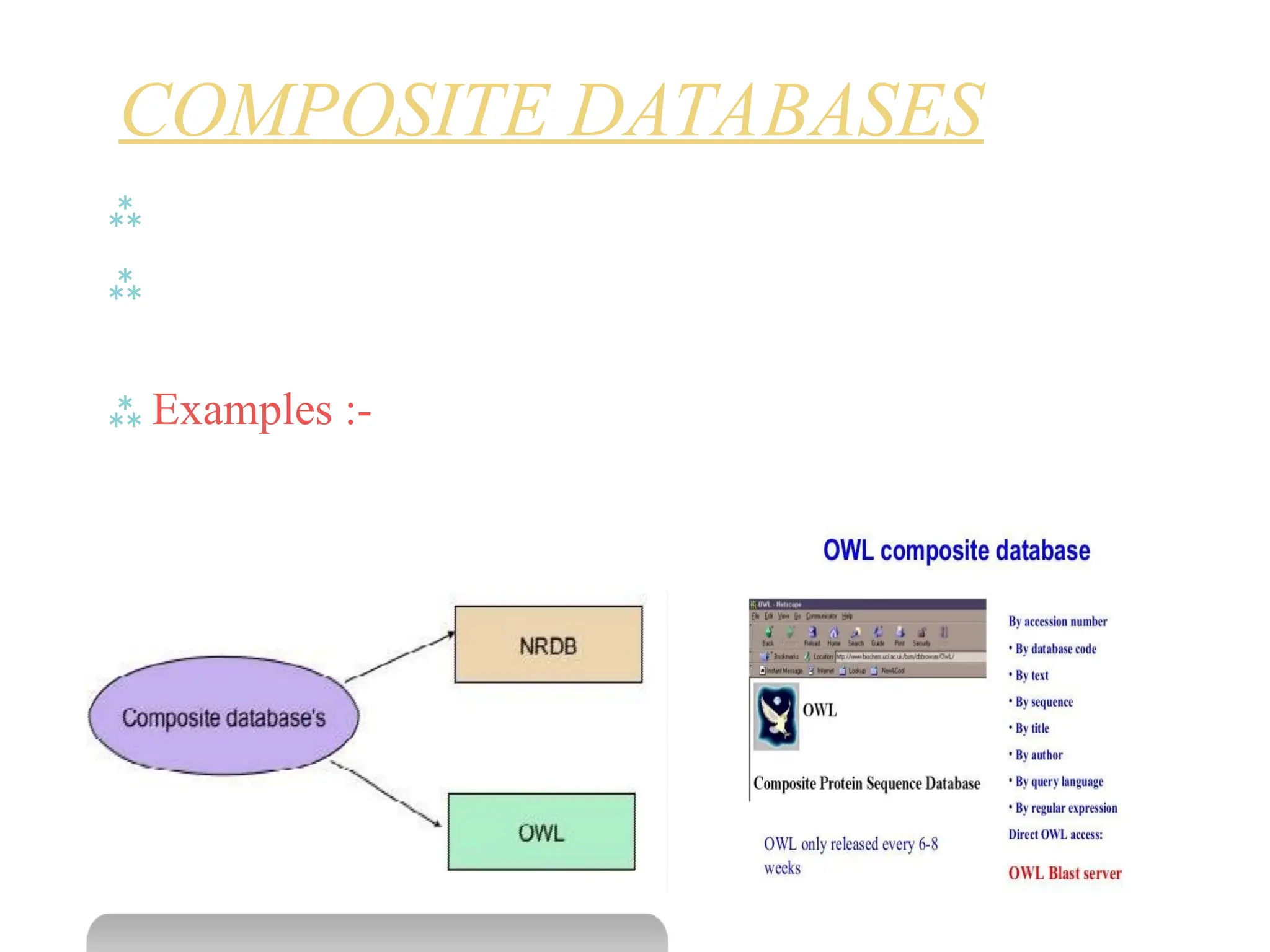 COMPOSITE DATABASES
 Collection of various primary database sequences
 Renders sequence searching highly efficient as it
searches multiple resources
 Examples :- NRDB (Non Redundant Database), OWL,
MIPSX, SWISS PROT + TrEMBL
 