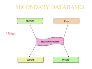 SECONDARY DATABASES
Contains data derived from the results of
analysing primary data
Manually created or automatically generated
Contains more relevant and useful information
structured to specific requirements
Example :- PROSITE, PRINTS, BLOCKS, Pfam
 