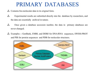 PRIMARY DATABASES
 Contains bio-molecular data in its original form.
 Experimental results are submitted directly into the database by researchers, and
the data are essentially archival in nature.
 Once given a database accession number, the data in primary databases are
never changed.
 Examples :- GenBank, EMBL and DDBJ for DNA/RNA sequences, SWISS-PROT
and PIR for protein sequences and PDB for molecular structures.
 