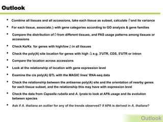 Outlook
•  Combine all tissues and all accessions, take each tissue as subset, calculate and its variance
•  For each tissue, associate with gene categories according to GO analysis & gene families
•  Compare the distribution of from different tissues, and PAS usage patterns among tissues or
accessions
•  Check Ka/Ks for genes with high/low in all tissues
•  Check the poly(A) site location for genes with high , e.g. 3'UTR, CDS, 5'UTR or intron
•  Compare the location across accessions
•  Look at the relationship of location with gene expression level
•  Examine the cis poly(A) QTL with the MAGIC lines’ RNA-seq data
•  Check the relationship between the antisense poly(A) site and the orientation of nearby genes
for each tissue subset, and the relationship this may have with expression level
•  Check the data from Capsella rubella and A. lyrata to look at APA usage and its evolution
between species
•  Ask if A. thaliana an outlier for any of the trends observed? if APA is derived in A. thaliana?
Outlook
 