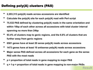 Defining poly(A) clusters (PAS)
•  2,203,313 poly(A) reads across accessions are identified
•  Calculate the poly(A) site for each poly(A) read with Perl script
•  75,532 PAS defined by clustering poly(A) reads in the same orientation and
within 10bp of each other across all accessions with total cluster interval
spanning no more than 24bp
•  93.4% of clusters map to genic regions, and the 6.6% of clusters that are
further away from genic regions
•  6581 genes have at least 20 sense poly(A) reads across accessions
•  1473 genes have at least 10 antisense poly(A) reads across accessions
•  Major sense PAS defined across all accessions for each gene as the sense
PAS with the most reads
•  p = proportion of total reads in gene mapping to major PAS
•  q = 1-p = proportion of total reads in gene mapping to non-major PASs
Result
 