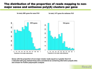 The distribution of the proportion of reads mapping to non-
major sense and antisense poly(A) clusters per gene
Genes with the proportion of non-major cluster reads equal to or greater than 0.4
( indicated with gray dashed lines) were considered as containing alternative poly(A) sites
and chosen for further polymorphic analysis
Result
 