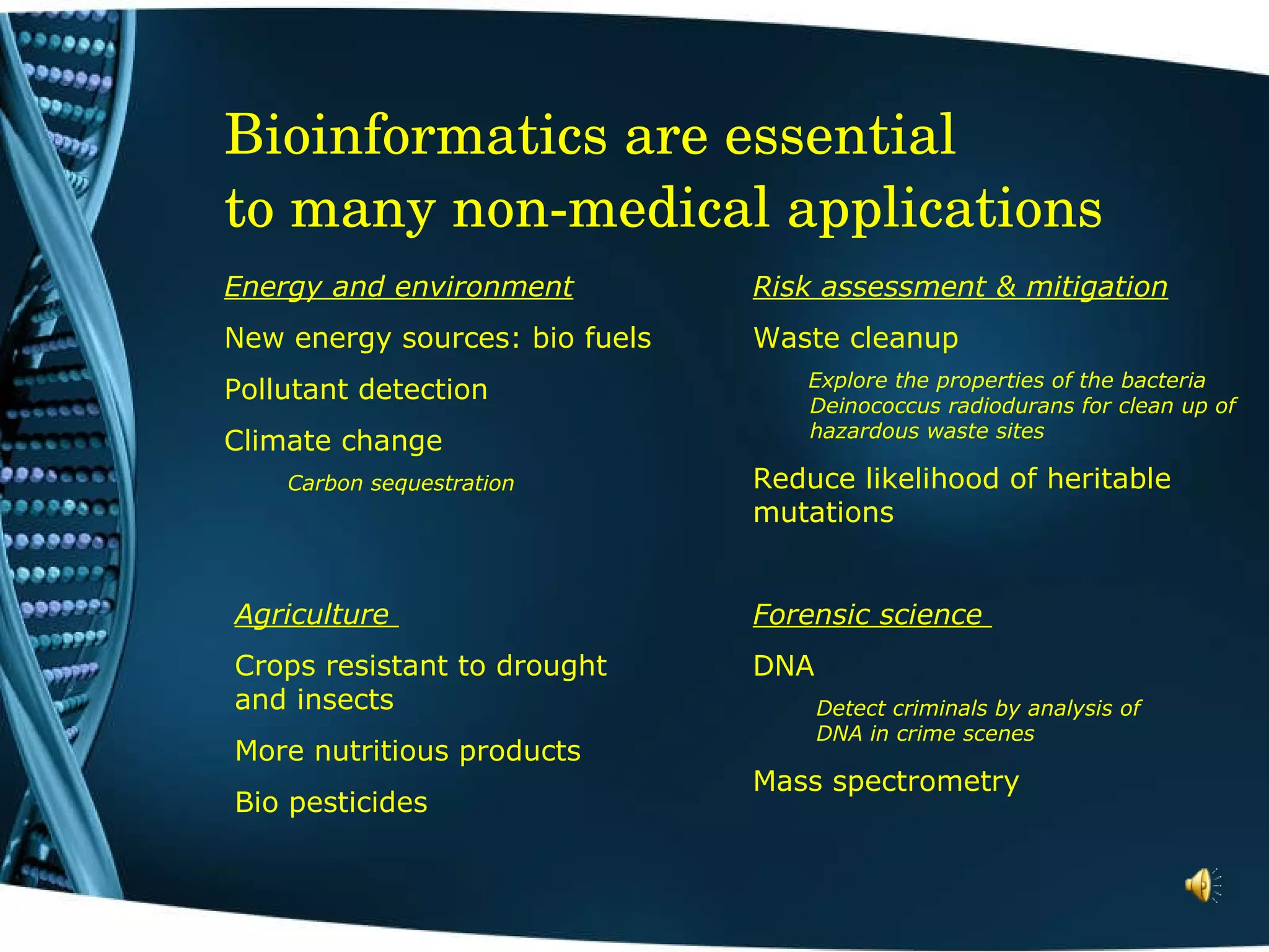 Bioinformatics are essential  to many non-medical applications Agriculture  Crops resistant to drought and insects  More nutritious products  Bio pesticides  Risk assessment & mitigation Waste cleanup Explore the properties of the bacteria   Deinococcus radiodurans for clean up of hazardous waste sites  Reduce likelihood of heritable mutations  Energy and environment New energy sources: bio fuels Pollutant detection  Climate change  Carbon sequestration Forensic science  DNA  Detect criminals by analysis of DNA in crime scenes  Mass spectrometry  