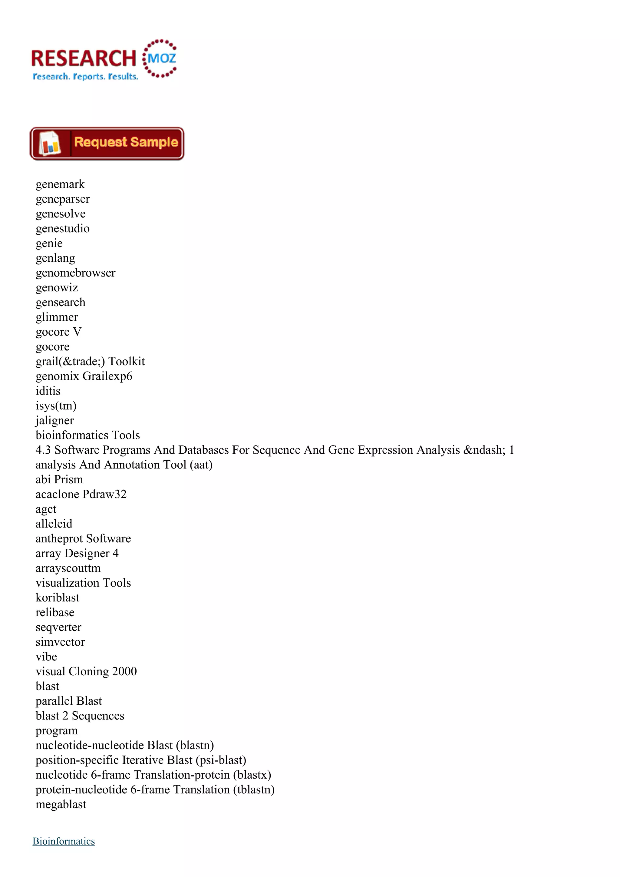 genemark
geneparser
genesolve
genestudio
genie
genlang
genomebrowser
genowiz
gensearch
glimmer
gocore V
gocore
grail(&trade;) Toolkit
genomix Grailexp6
iditis
isys(tm)
jaligner
bioinformatics Tools
4.3 Software Programs And Databases For Sequence And Gene Expression Analysis &ndash; 1
analysis And Annotation Tool (aat)
abi Prism
acaclone Pdraw32
agct
alleleid
antheprot Software
array Designer 4
arrayscouttm
visualization Tools
koriblast
relibase
seqverter
simvector
vibe
visual Cloning 2000
blast
parallel Blast
blast 2 Sequences
program
nucleotide-nucleotide Blast (blastn)
position-specific Iterative Blast (psi-blast)
nucleotide 6-frame Translation-protein (blastx)
protein-nucleotide 6-frame Translation (tblastn)
megablast
Bioinformatics
 