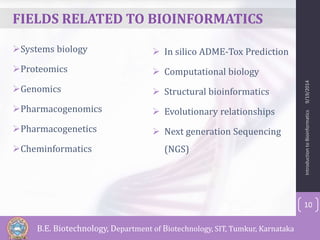 FIELDS RELATED TO BIOINFORMATICS 
Systems biology 
Proteomics 
Genomics 
Pharmacogenomics 
Pharmacogenetics 
Cheminformatics 
 In silico ADME-Tox Prediction 
 Computational biology 
 Structural bioinformatics 
 Evolutionary relationships 
 Next generation Sequencing 
(NGS) 
Introduction to Bioinformatics 9/19/2014 
10 
B.E. Biotechnology, Department of Biotechnology, SIT, Tumkur, Karnataka 
 