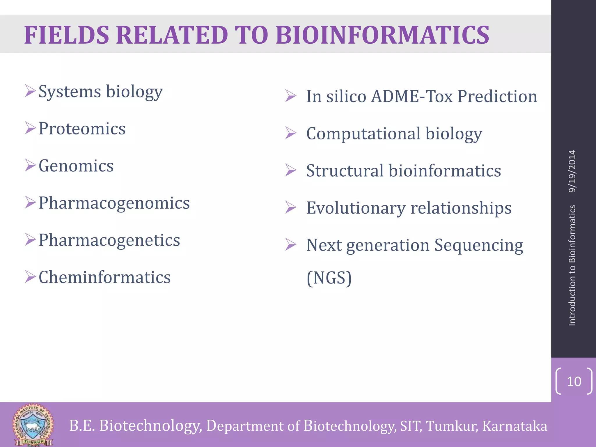 FIELDS RELATED TO BIOINFORMATICS 
Systems biology 
Proteomics 
Genomics 
Pharmacogenomics 
Pharmacogenetics 
Cheminformatics 
 In silico ADME-Tox Prediction 
 Computational biology 
 Structural bioinformatics 
 Evolutionary relationships 
 Next generation Sequencing 
(NGS) 
Introduction to Bioinformatics 9/19/2014 
10 
B.E. Biotechnology, Department of Biotechnology, SIT, Tumkur, Karnataka 
 