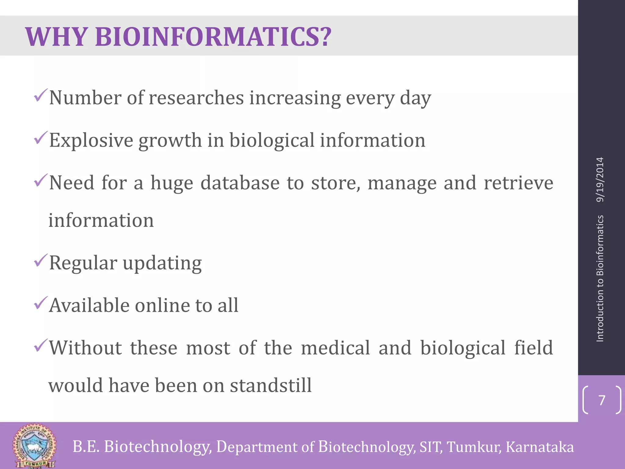 WHY BIOINFORMATICS? 
Number of researches increasing every day 
Explosive growth in biological information 
Need for a huge database to store, manage and retrieve 
information 
Regular updating 
Available online to all 
Without these most of the medical and biological field 
would have been on standstill 
Introduction to Bioinformatics 9/19/2014 
7 
B.E. Biotechnology, Department of Biotechnology, SIT, Tumkur, Karnataka 
 