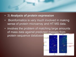 • 3) Analysis of protein expression
• Bioinformatics is very much involved in making
sense of protein microarray and HT MS data.
• involves the problem of matching large amounts
of mass data against predicted masses from
protein sequence databases.
 