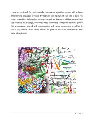 14 | P a g e
research scope for all the mathematical techniques and algorithms coupled with software
programming languages, software development and deployment tools are to get a real
boost. In addition, information technologies such as databases, middleware, graphical
user interface (GUI) design, distributed object computing, storage area networks (SAN),
data compression, network and communication and remote management are all set to
play a very critical role in taking forward the goals for which the bioinformatics field
came into existence.
 