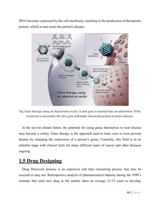 68 | P a g e
DNA becomes expressed by the cell machinery, resulting in the production of therapeutic
protein, which in turn treats the patient's disease.
Fig: Gene therapy using an Adenovirus vector. A new gene is inserted into an adenovirus. If the
treatment is successful, the new gene will make functional protein to treat a disease.
In the not too distant future, the potential for using genes themselves to treat disease
may become a reality. Gene therapy is the approach used to treat, cure or even prevent
disease by changing the expression of a person’s genes. Currently, this field is in its
infantile stage with clinical trials for many different types of cancer and other diseases
ongoing.
1.5 Drug Designing
Drug Discovery process is an expensive and time consuming process that may be
succeed or may not. Retrospective analysis of pharmaceutical industry during the 1990’s
estimate that each new drug in the market takes an average 12-15 years to develop,
 