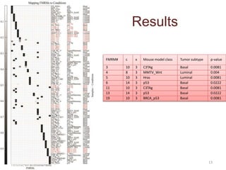 Results
13
FMRM# c x Mouse model class Tumor subtype p-value
3 10 3 C3TAg Basal 0.0081
4 8 3 MMTV_Wnt Luminal 0.004
5 10 3 Hras Luminal 0.0081
6 14 3 p53 Basal 0.0222
11 10 3 C3TAg Basal 0.0081
13 14 3 p53 Basal 0.0222
19 10 3 BRCA_p53 Basal 0.0081
 
