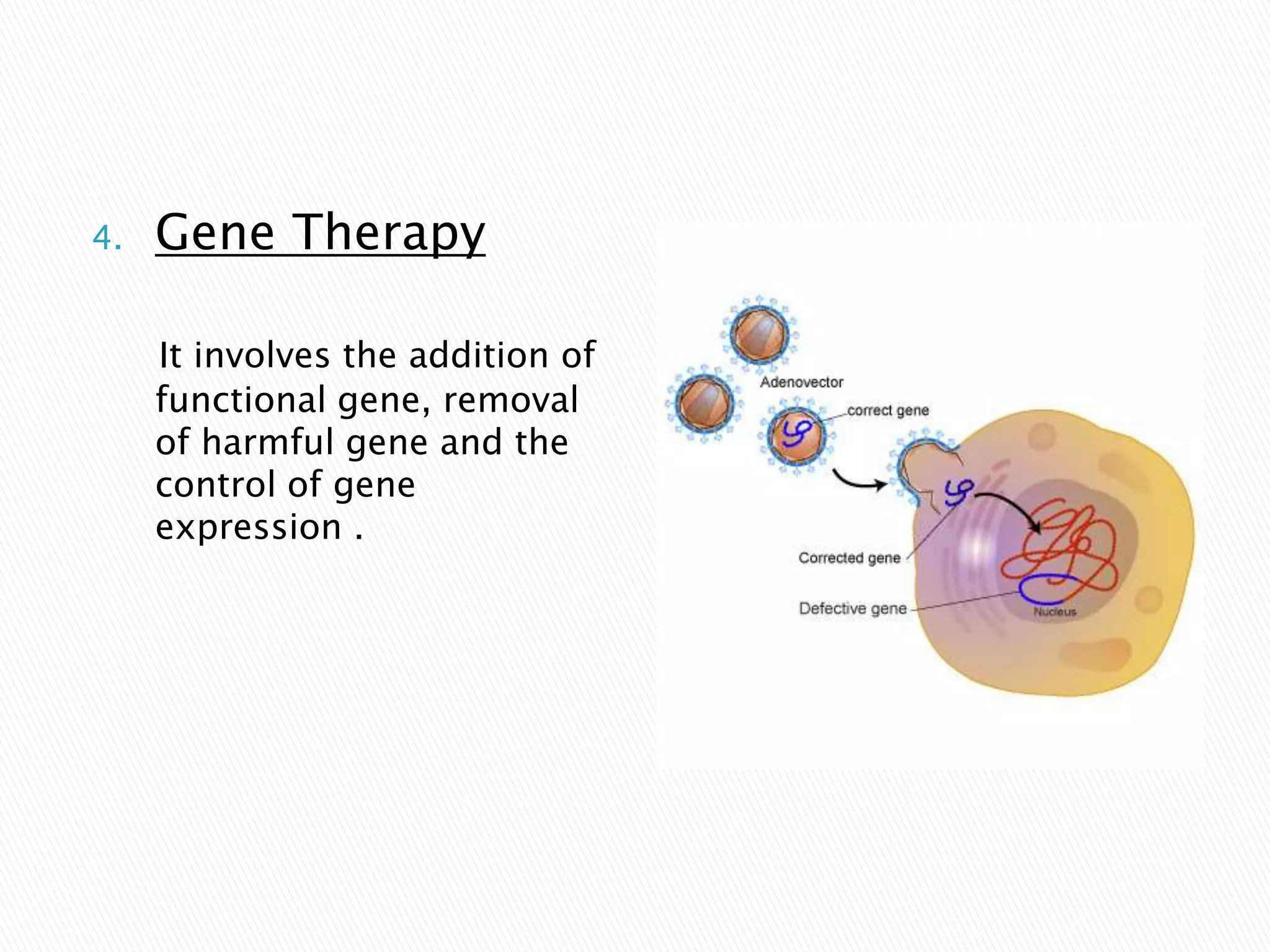 4. Gene Therapy
It involves the addition of
functional gene, removal
of harmful gene and the
control of gene
expression .
 