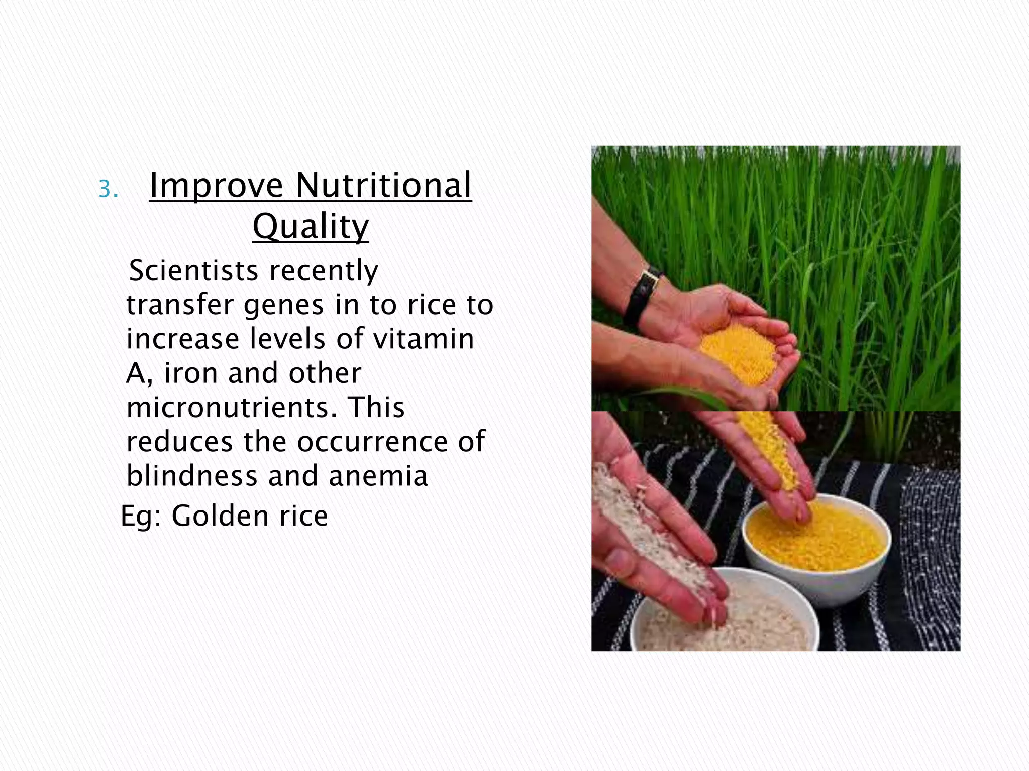 3. Improve Nutritional
Quality
Scientists recently
transfer genes in to rice to
increase levels of vitamin
A, iron and other
micronutrients. This
reduces the occurrence of
blindness and anemia
Eg: Golden rice
 