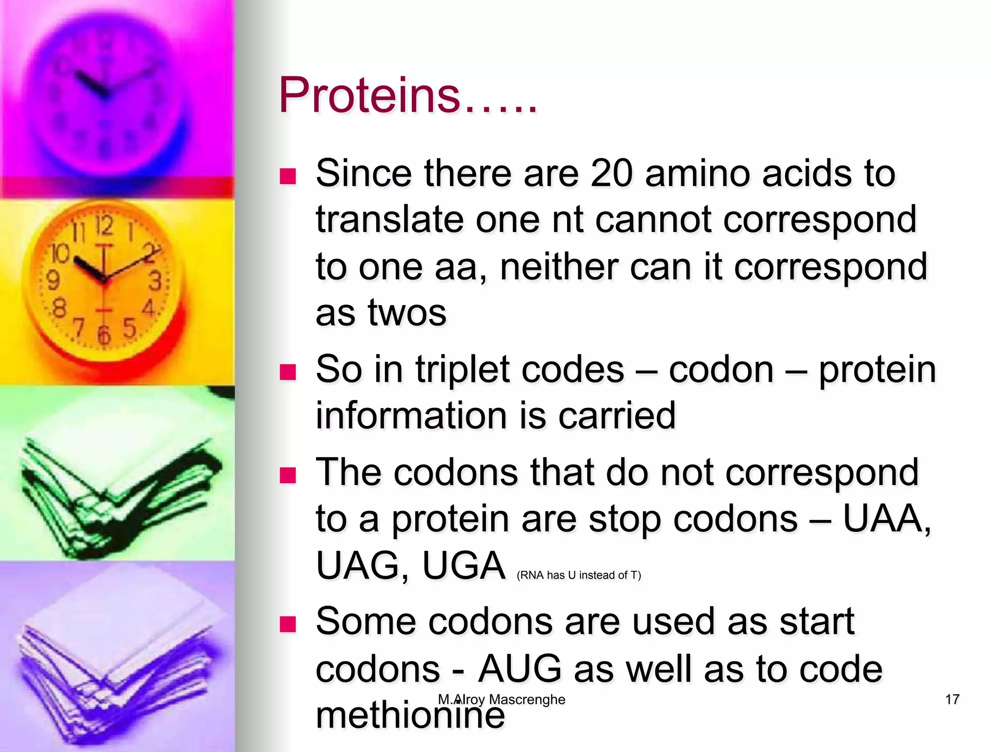 M.Alroy Mascrenghe 17
Proteins…..
n  Since there are 20 amino acids to
translate one nt cannot correspond
to one aa, neither can it correspond
as twos
n  So in triplet codes – codon – protein
information is carried
n  The codons that do not correspond
to a protein are stop codons – UAA,
UAG, UGA (RNA has U instead of T)
n  Some codons are used as start
codons - AUG as well as to code
methionine
 