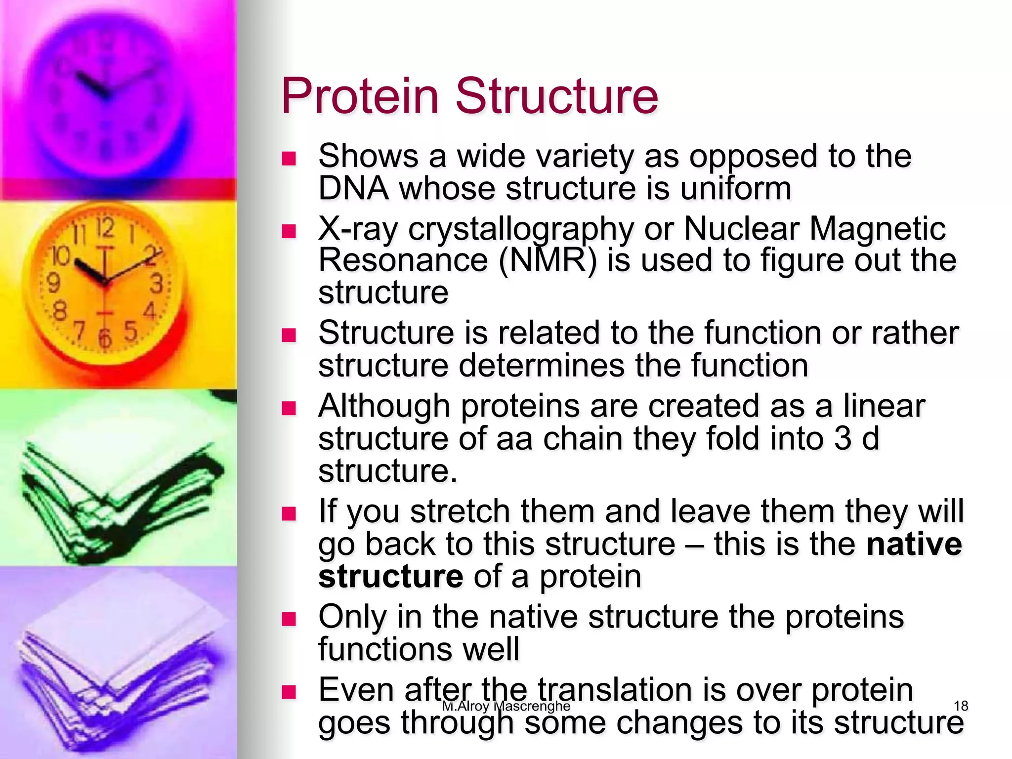 M.Alroy Mascrenghe 18
Protein Structure
n  Shows a wide variety as opposed to the
DNA whose structure is uniform
n  X-ray crystallography or Nuclear Magnetic
Resonance (NMR) is used to figure out the
structure
n  Structure is related to the function or rather
structure determines the function
n  Although proteins are created as a linear
structure of aa chain they fold into 3 d
structure.
n  If you stretch them and leave them they will
go back to this structure – this is the native
structure of a protein
n  Only in the native structure the proteins
functions well
n  Even after the translation is over protein
goes through some changes to its structure
 