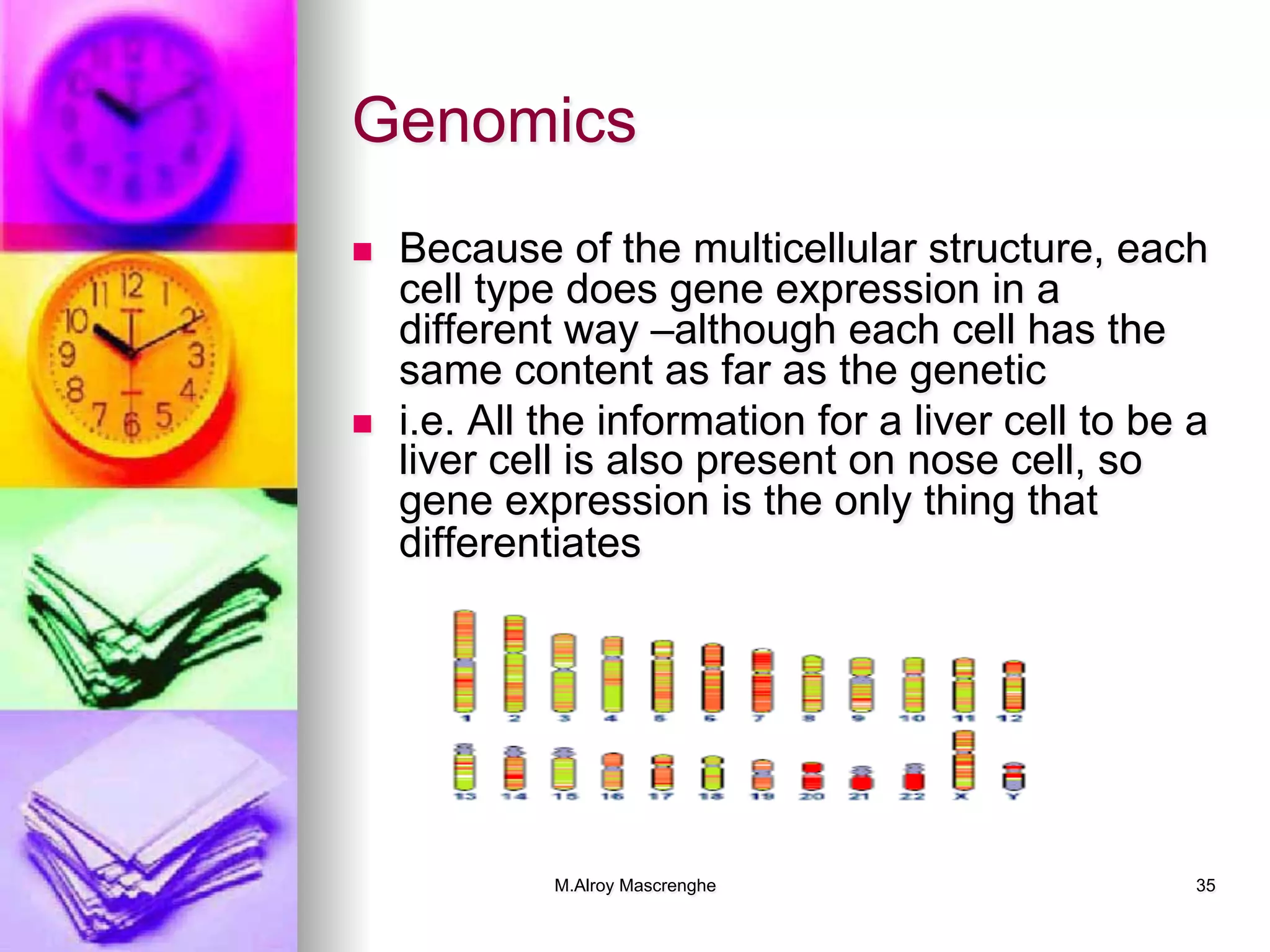 M.Alroy Mascrenghe 35
Genomics
n  Because of the multicellular structure, each
cell type does gene expression in a
different way –although each cell has the
same content as far as the genetic
n  i.e. All the information for a liver cell to be a
liver cell is also present on nose cell, so
gene expression is the only thing that
differentiates
 