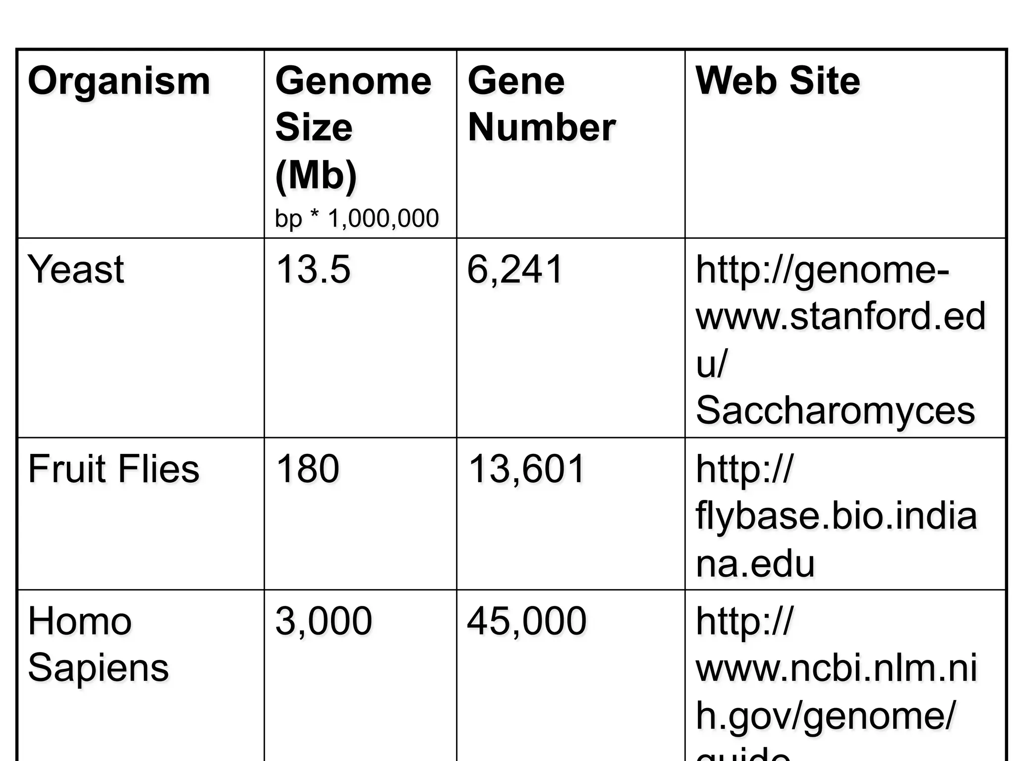 Organism Genome
Size
(Mb)
bp * 1,000,000
Gene
Number
Web Site
Yeast 13.5 6,241 http://genome-
www.stanford.ed
u/
Saccharomyces
Fruit Flies 180 13,601 http://
flybase.bio.india
na.edu
Homo
Sapiens
3,000 45,000 http://
www.ncbi.nlm.ni
h.gov/genome/
 