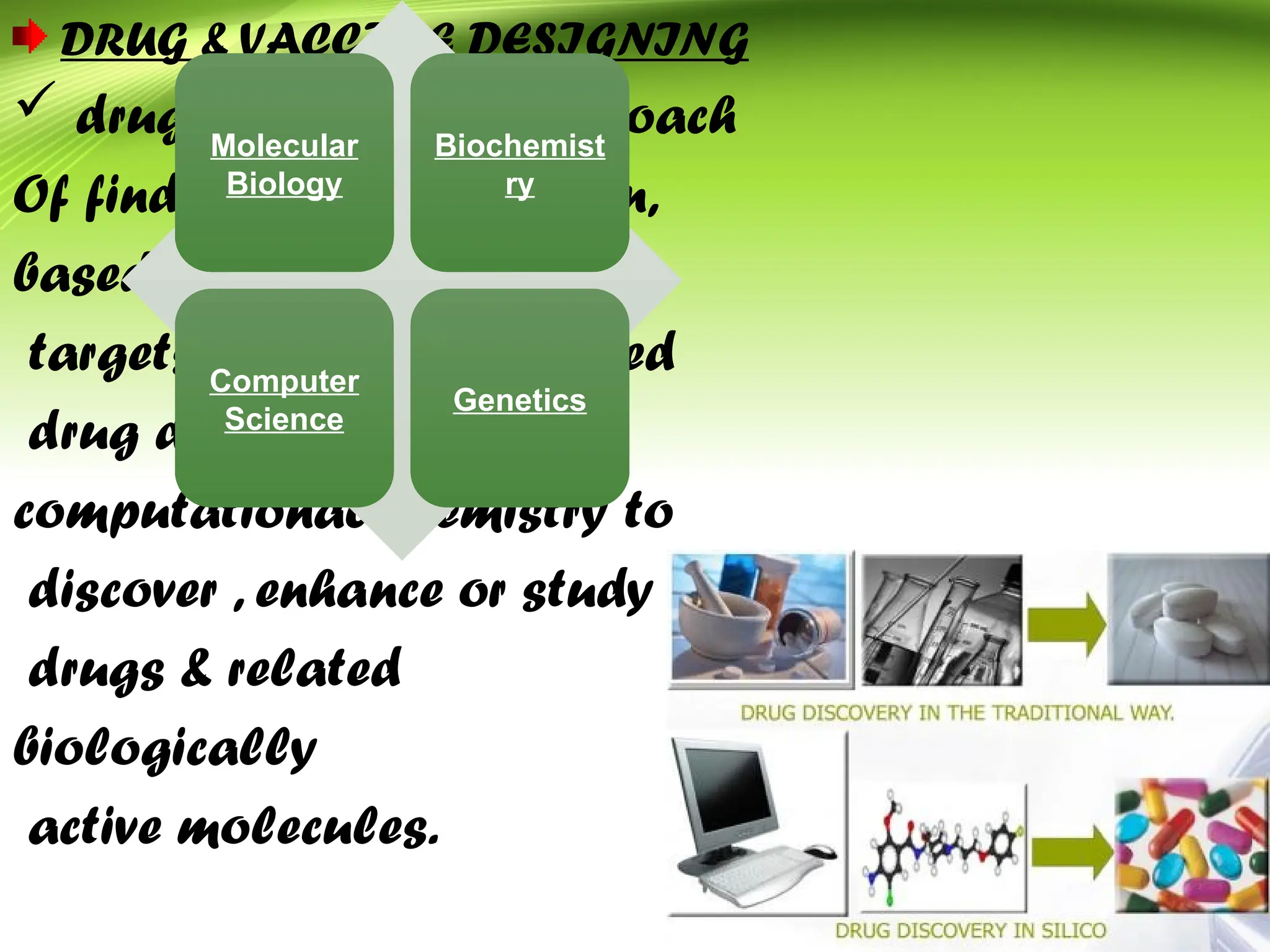 DRUG & VACCINE DESIGNING
 drug design is the approach
Of finding drugs by design,
based on their biological
targets. Computer assisted
drug design uses
computational chemistry to
discover , enhance or study
drugs & related
biologically
active molecules.
Molecular
Biology
Biochemist
ry
Computer
Science
Genetics
 