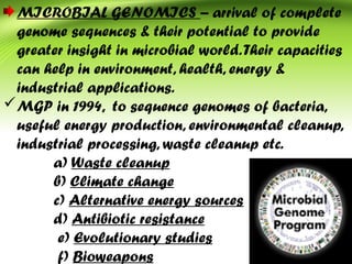 MICROBIAL GENOMICS – arrival of complete
genome sequences & their potential to provide
greater insight in microbial world.Their capacities
can help in environment, health, energy &
industrial applications.
MGP in 1994, to sequence genomes of bacteria,
useful energy production, environmental cleanup,
industrial processing, waste cleanup etc.
a) Waste cleanup
b) Climate change
c) Alternative energy sources
d) Antibiotic resistance
e) Evolutionary studies
f) Bioweapons
 